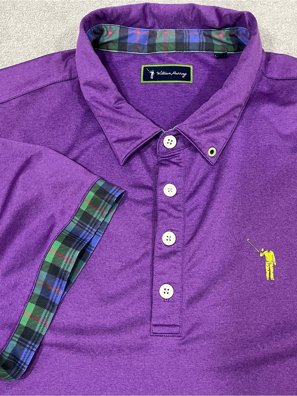 William Murray Golf Polo Mens Size XL Purple Solid Plaid Trim Bill Murray